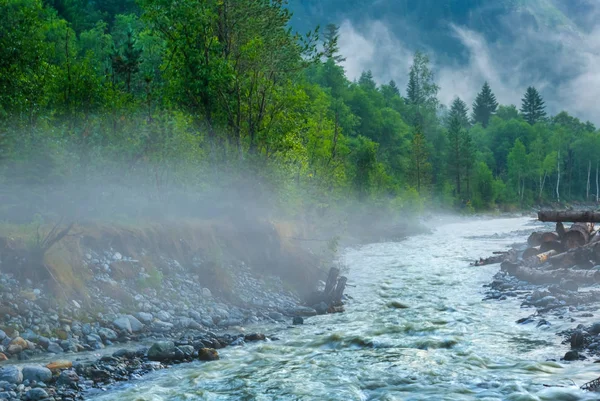 在山谷中的薄雾中奔流的山河 — 图库照片