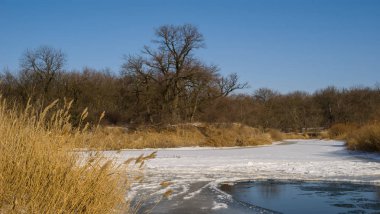Donmuş nehir, parlak morina gününde, kış sahnesinde