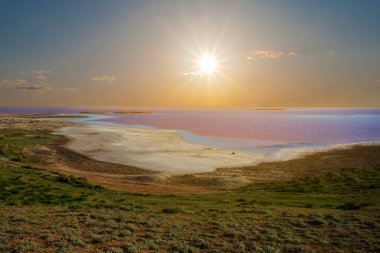 Gün batımında pembe salin gölü, vahşi arka plan.