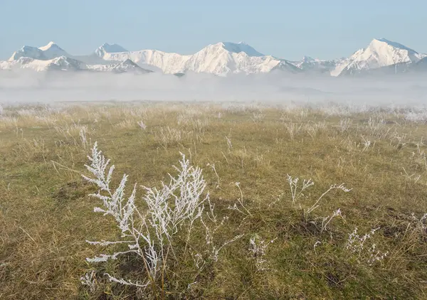 Gefrorene Prärie Vor Bergrücken Nebel — Stockfoto