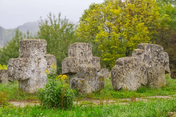 Stary Cmentarz Kamienny Krzyż Leśnej Polanie Zabytek Historii — Zdjęcie stockowe