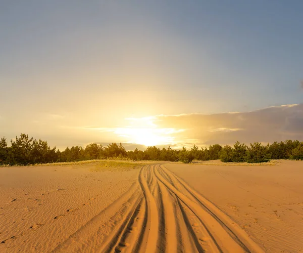 Dramático Atardecer Sobre Desierto Arena Con Camino Lejos —  Fotos de Stock