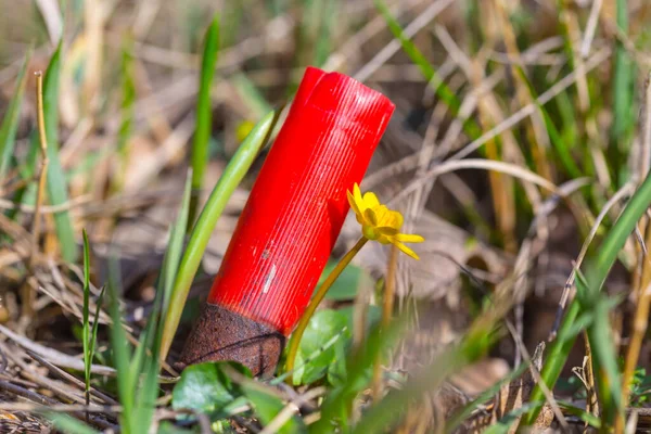空の銃の砲弾が草の中に横たわって狩猟スポーツの背景 — ストック写真