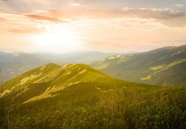 Πράσινο Κοιλάδα Του Βουνού Στο Δραματικό Ηλιοβασίλεμα Υπαίθριο Φυσικό Υπόβαθρο — Φωτογραφία Αρχείου