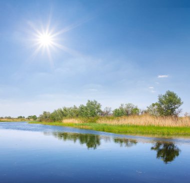 Işıl ışıl güneşin altında sessiz bir nehir, açık havada yaz manzarası