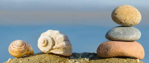 Σωρός Από Πέτρες Και Όστρακα Θαλάσσια Ακτή Υπαίθριο Θαλάσσιο Υπόβαθρο — Φωτογραφία Αρχείου