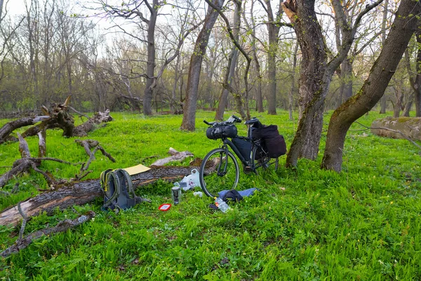 在绿树成荫的草地上骑自行车的旅游摊位 户外旅行背景 — 图库照片