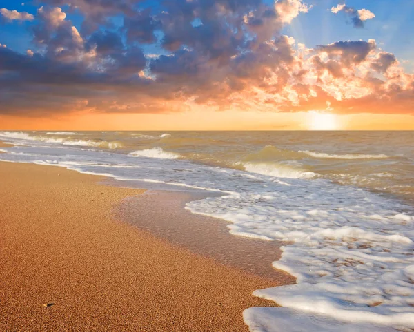 Zand Zee Strand Scene Bij Zonsondergang — Stockfoto