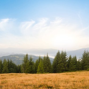 Sabahın erken saatlerinde dağ vadisi, sisli dağın tepesinde yükselen güneş.