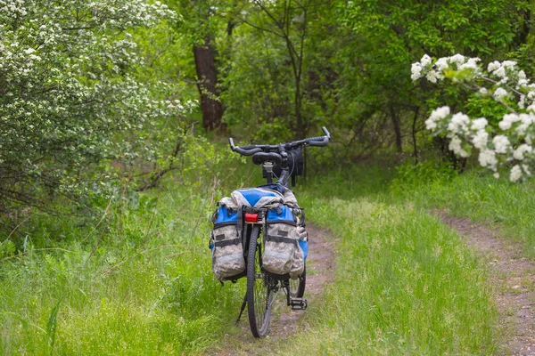 Bicicleta Turística Com Saco Ficar Uma Estrada Terrestre Uma Floresta — Fotografia de Stock