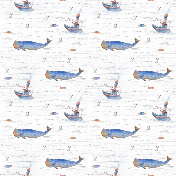 Seamless pattern watercolor whales, fishing longboat