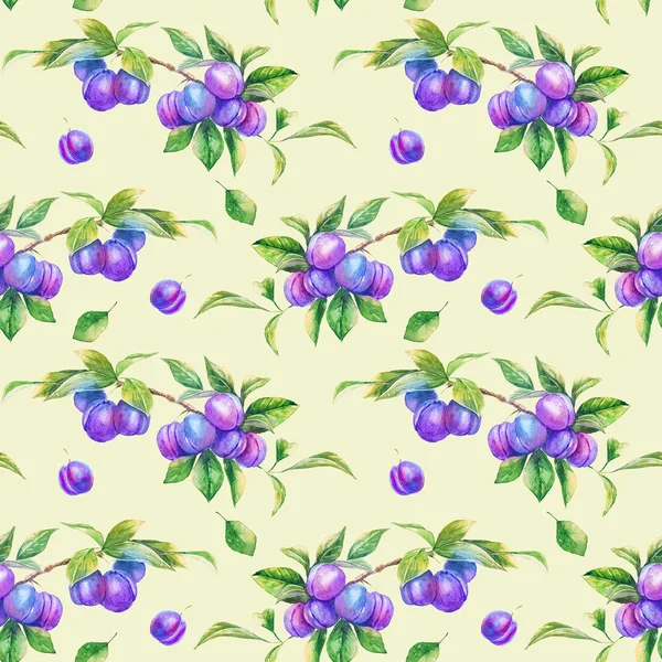 Seamless pattern with watercolor summer branches of ripe plum