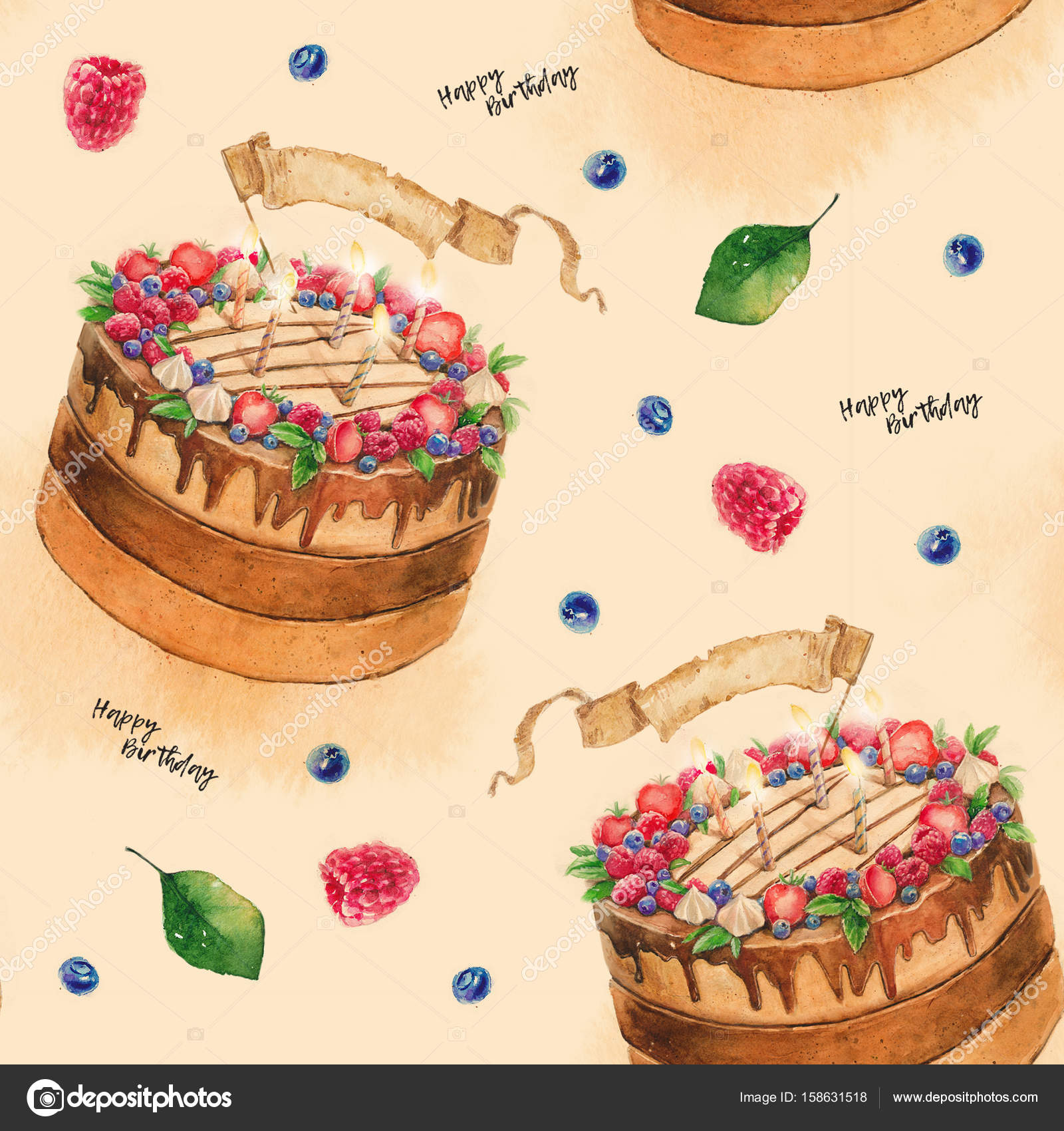 Modello senza giunte dell acquerello torta con frutti di bosco una cartolina un pleanno candele una vacanza una festa di bambini fragole lamponi