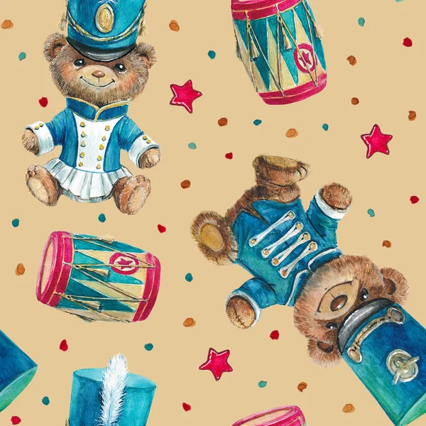 Watercolor seamless pattern with vintage bear teddy in military uniform