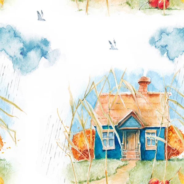 Watercolor seamless pattern with autumn house.