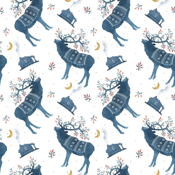 Seamless pattern with watercolor Scandinavian elements. Reindeer, forest house, wild berries, branches, moss, crescent, deer, horns, national ornament.