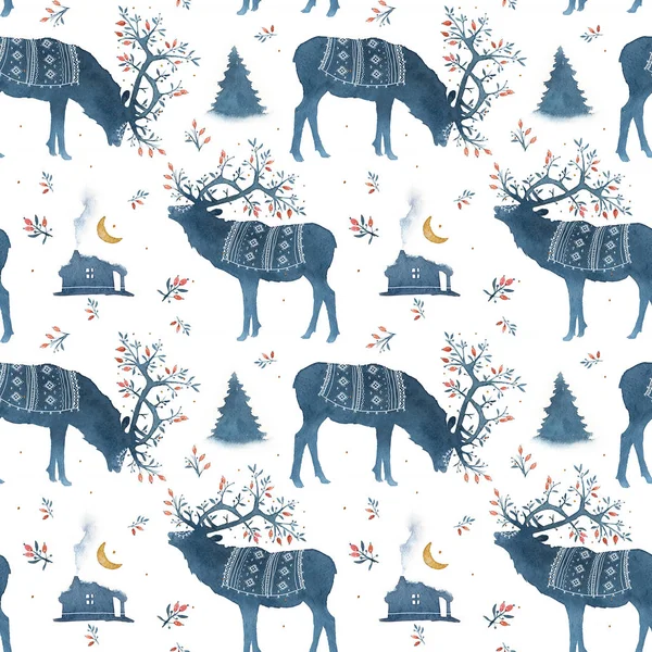 Seamless pattern with watercolor Scandinavian elements. Reindeer, forest house, wild berries, branches, moss, crescent, deer, horns, national ornament.