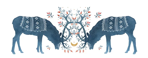 Watercolor silhouettes of deer with magic horns, north, magic, dog rose, twigs, moon, crescent, Scandinavia, north, red Indians, native American, Alaska