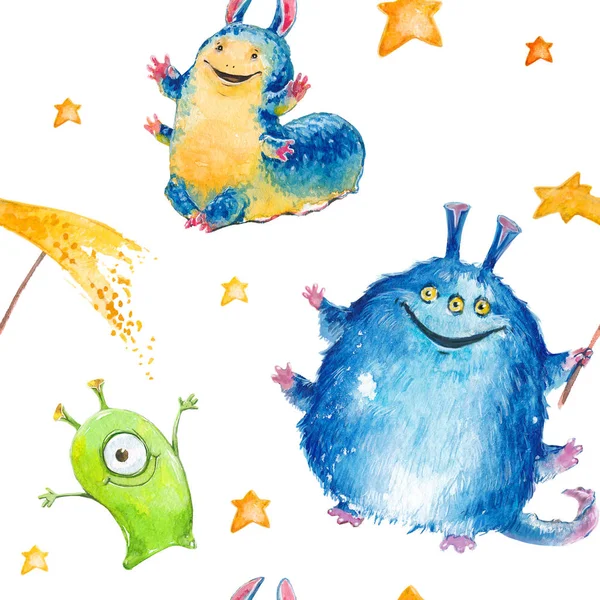 Seamless watercolor pattern with funny monsters, aliens, strangers. Space, comets, stars, astronauts, UFO, spaceman, holiday, birthday, party, halloween.