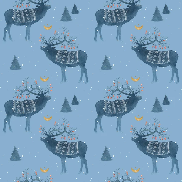 Seamless pattern with watercolor Scandinavian elements. Reindeer, forest house, wild berries, branches, moss, crescent, deer, horns, national ornament, snow, winter, wind.