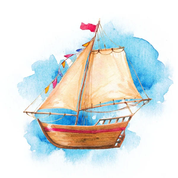 Card with watercolor flying ship in the clouds. Boat, sails, wind, summer, holiday, sky, flags.