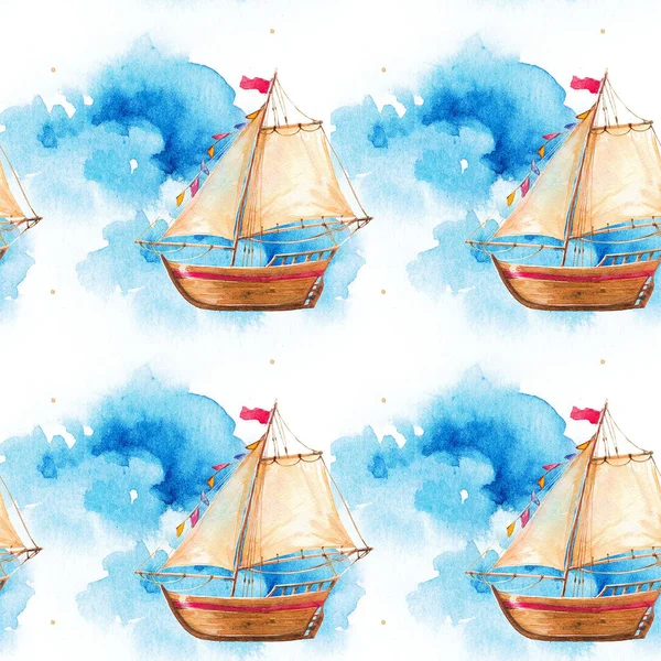 Seamless watercolor pattern with a flying ship in the clouds. Boat, sails, wind, summer, holiday, sky, flags.