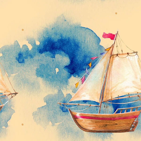 Seamless watercolor pattern with a flying ship in the clouds. Boat, sails, wind, summer, holiday, sky, flags.