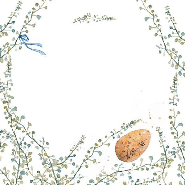 Postcard, invitation, card with watercolor  eggs, blade of grass. Easter, spring, chicks, birds, shell, branches, provence, sketches, nature, forest, meadow, flowers. Romance, summer.