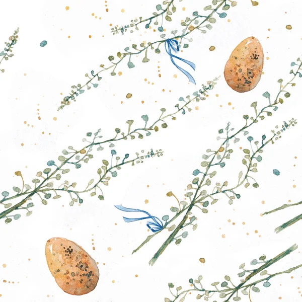 Seamless pattern, watercolor  eggs, blade of grass. Easter, spring, chicks, birds, shell, branches, provence, sketches, nature, forest, meadow, flowers. Romance, summer.