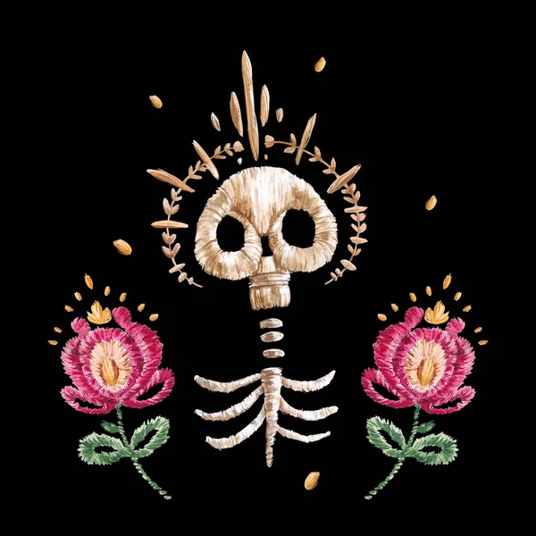 Card with watercolor embroidery, drawing, ornament. Day of the Dead, All Saints Day, Mexico, Guatemala, skull, skeleton.