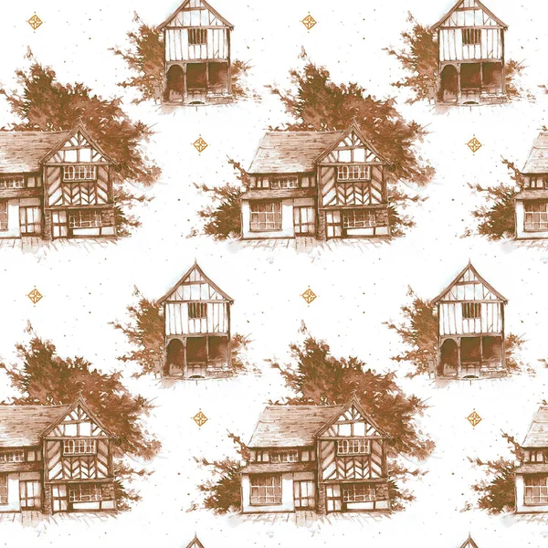 Seamless pattern with watercolor houses in vintage style. Old English, European houses, Tudor, Victorian, Georgian, ancient architecture.