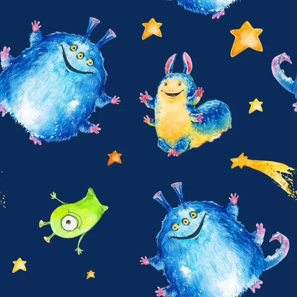 Seamless watercolor pattern with funny monsters, aliens, strangers.