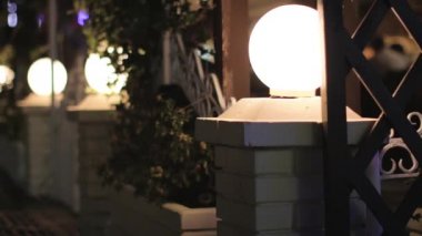 Yavaş panorama kafe ışıklar ve bitkilerin gece.