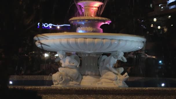 Lenta inclinación de la fuente iluminada en la noche . — Vídeo de stock