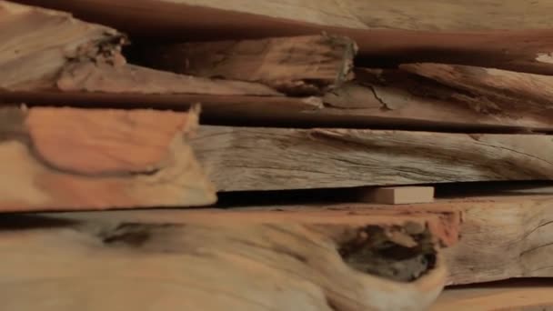 Lent coup de glissière de dalles de bois pile. Charpenterie . — Video