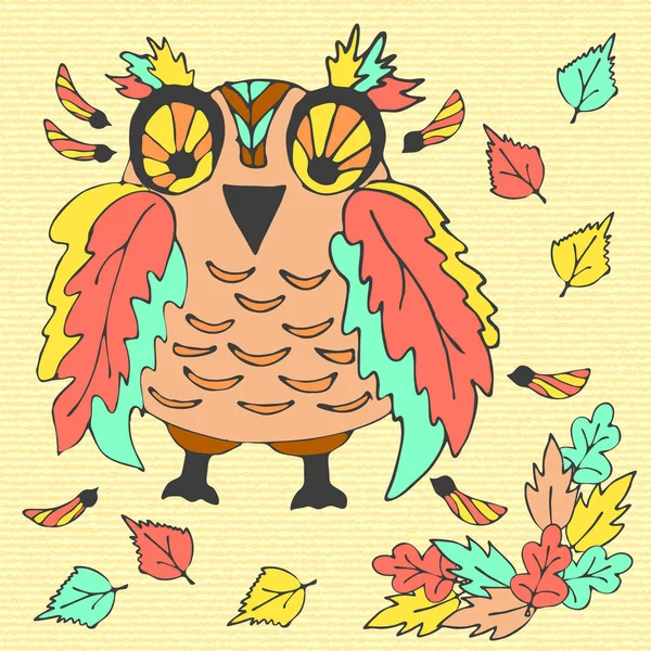 Bright Multicolored Ruffled Owl Sits Ground Autumn Leaves Hand Drawn — Stock Vector