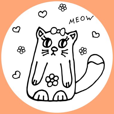 Kart: fiyonklu, çiçekli ve pofuduk kuyruklu komik kedi. Çizim illüstrasyonu