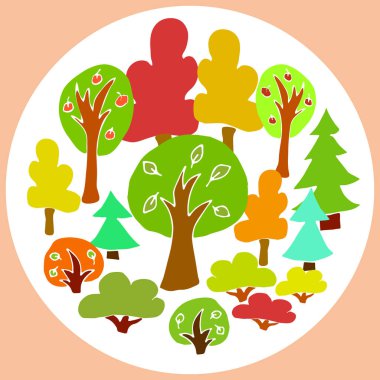 Beyaz arka planda çok renkli sonbahar ağaçları ve çalıların toplanması. Basit ilkel düz çizim