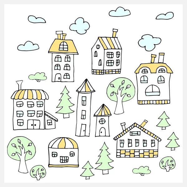 A set of sketches of houses and trees in the style of Doodle isolated on a white background. Old town — Stock Illustration Set Sketches Houses Trees Style Doodle Isolated White Background Old Stock Vector