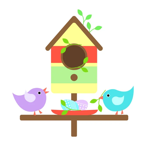 Flat Sweet Naive Illustration Mom Dad Birds Building Nest Eggs — Stock Vector
