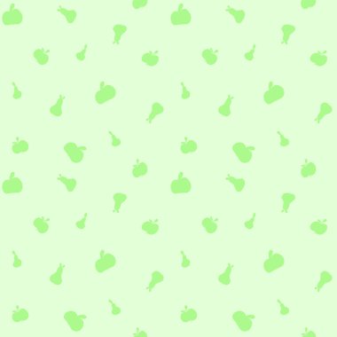 Meyveler, elmalar ve armutlarla düz, açık yeşil, pürüzsüz bir arka plan. Yeşil arkaplanda taze meyve siluetleri izole edildi