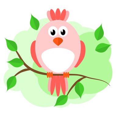 Komik, düz, çizgi film, pembe kuş ilk açık yeşil yapraklı bir dalda oturuyor - çocuklar için ilkbahar çizimi