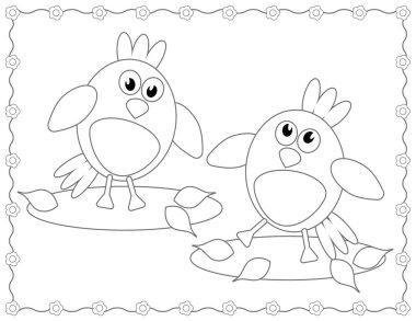 İki basit, kalın, geometrik çizgi film kuşu çimlerin üzerinde yapraklarla dans ediyor. Düz, kontür, siyah ve beyaz, boyama için yatay sayfa