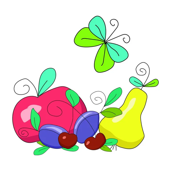 Frutos Maduros Jugosos Estilo Doodle Apple Pera Ciruela Cerezo Mariposa — Archivo Imágenes Vectoriales