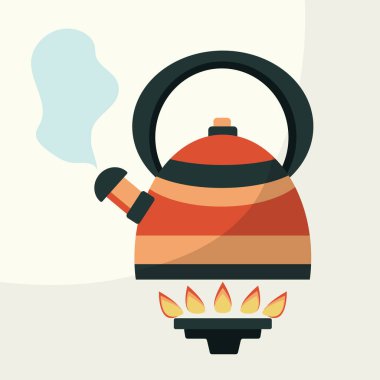 Modern parlak çizgili turuncu çaydanlık gaz ocağında kaynıyor. Basit düz çizim hafif bir arkaplanda izole edildi