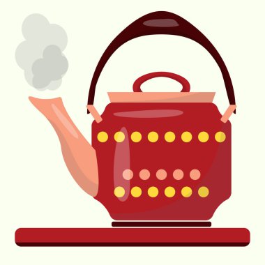 Geleneksel kırmızı, benekli bir çaydanlık elektrikli ocakta kaynıyor. Basit düz çizim hafif bir arkaplanda izole edildi