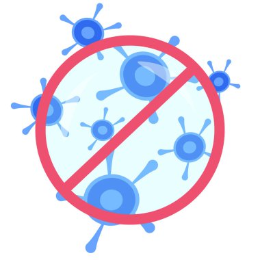 Bir virüsün sembolik görüntüsü, bakteri ve kırmızı yasaklama işareti beyaz bir grupta izole edilir.