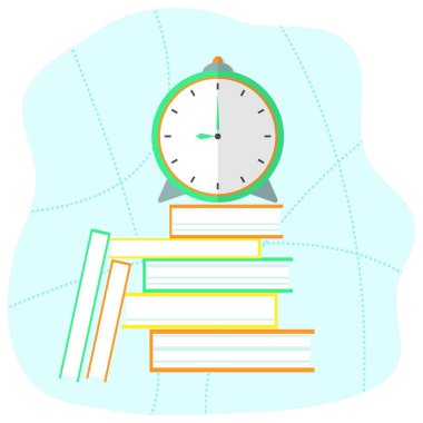 Yeşil bir çalar saat uzun renkli kitapların üzerinde duruyor. Açık mavi arkaplanda basit bir illüstrasyon