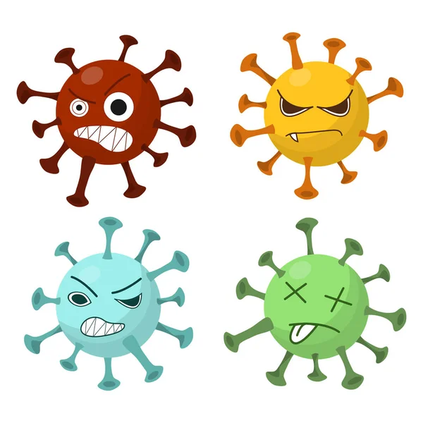 Set Four Emotional Characters Isolated White Background Multicolored Coronavirus Bacteria — Stock Vector