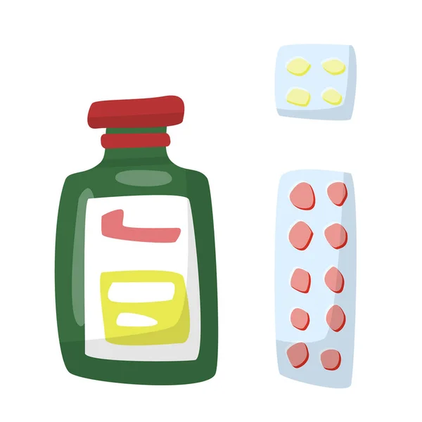 Läkemedelsförpackningar Burk Med Blandning Tabletter Ett Blister Platta Objekt Isolerade — Stock vektor
